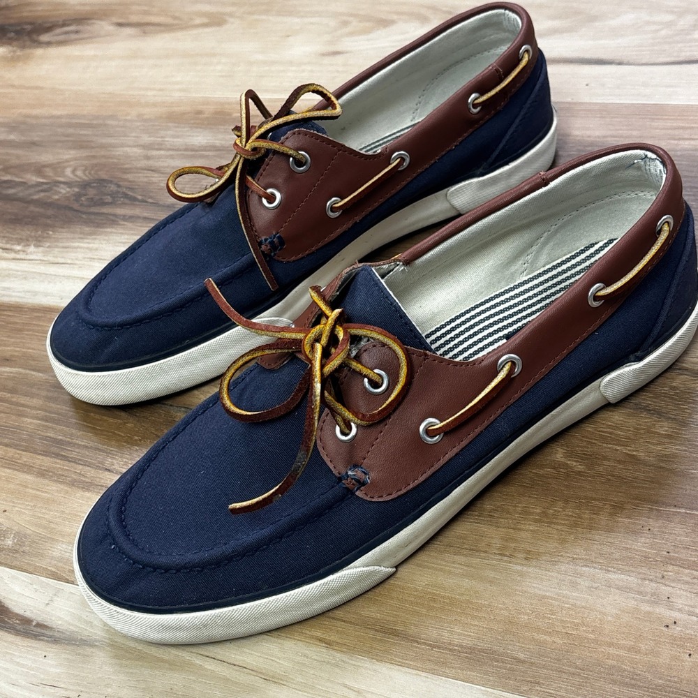 Polo Ralph Lauren Rylander Boat Shoes 10.5D Canvas Leather Navy Brown Sneaker